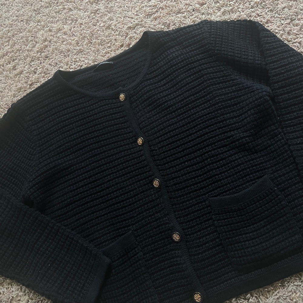 Pretty Garden Black Waffle Knit Cardigan Gold Crest Button Front Sweater XL